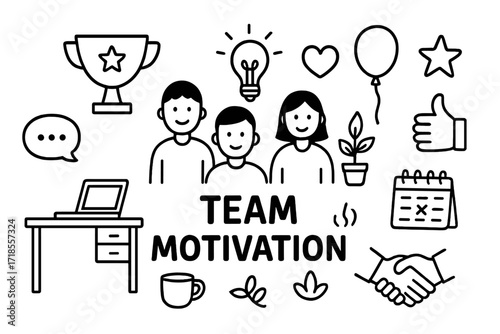 Teamwork Icons Doodle. Hand-drawn doodle illustration Team motivation Team members, trophy, lightbulb, heart, speech bubble, desk, laptop, coffee cup, plant,
