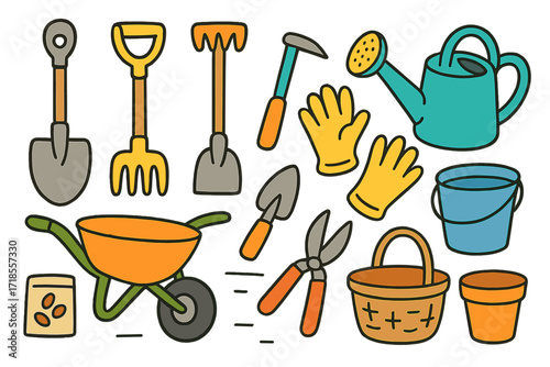 Colorful Garden Tools Doodle. Tools. Colorful Hand-drawn doodle Children illustration Tools shovel, rake, hoe, watering can, trowel, gloves, wheelbarrow,