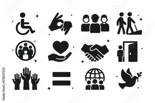 Inclusive Icons Set. Inclusion. Solid icons set of wheelchair symbol, sign language hand, diverse people, accessible ramp, inclusive circle, support heart,