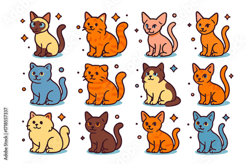 Isometric Cat Breed Icons. Colorful isometric vector icons set of cat breeds: siamese, maine coon, bengal, sphynx, british shorthair, scottish fold, ragdoll,