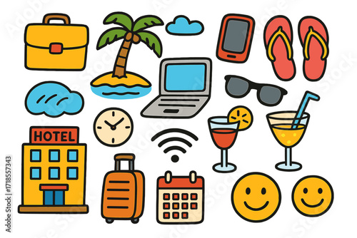 Work and Vacation Fun. Colorful Hand-drawn doodle Children illustration Mixing Work and Vacation beach, briefcase, palm tree, phone, flip flops, laptop,