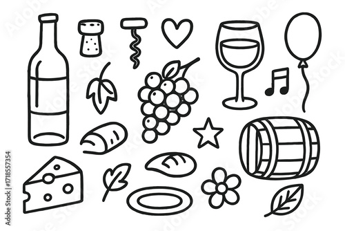 Wine Festival Doodles. Hand-drawn doodle illustration Wine festival icons [wine bottle, cork, corkscrew, glass, grapes, barrel, cheese wedge, bread, star,