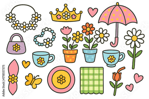 Garden Party Doodles. Colorful Hand-drawn doodle Children illustration Garden Party Accessories flower necklace, tiara, parasol, handbag, bracelet, floral cup,
