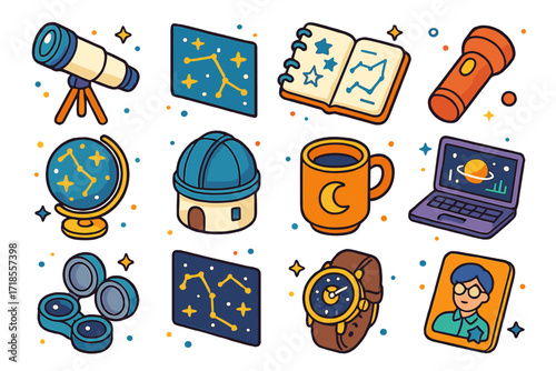 Astronomer's Colorful Toolkit. Colorful isometric vector icons set of Astronomer's tools and workspace: telescope on tripod, star map, notebook with star