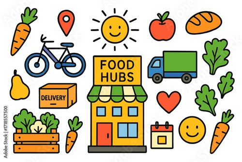 Colorful Urban Food Doodles. Colorful Hand-drawn doodle Children illustration urban food hubs building, bicycle, delivery box, crate of vegetables, map pin,