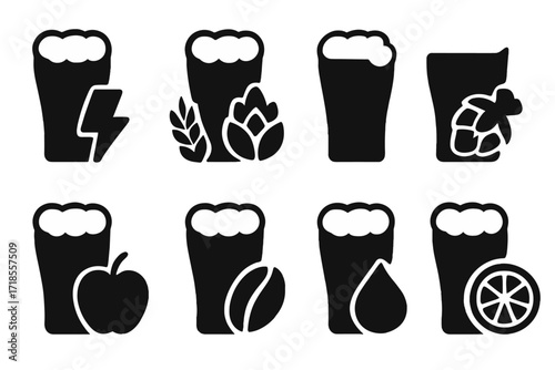 Draft Beer Icons. Solid, filled icon set of draft beer flavors: bitter, malty, hoppy, sweet, fruity, roasted, sour, citrus. Solid, filled icons in only black