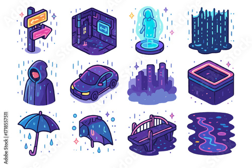 Colorful Cyberpunk Rain Icons. Colorful isometric vector icons set of cyberpunk city rain: neon street signs, rainy alley with pipes, glowing hologram ad,