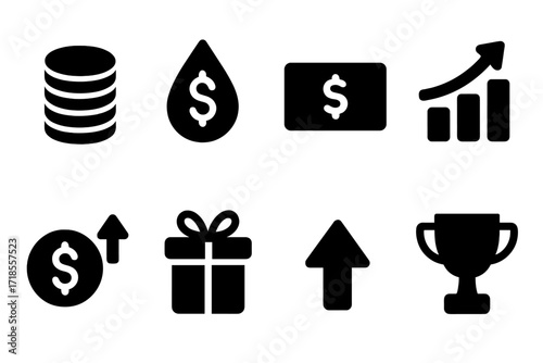 Investment Returns Icons. Solid, filled icon set of investment returns: profit, dividend, interest, capital gain, ROI, bonus, growth arrow, trophy. Line icons