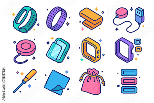 Smart Band Accessories Icons. Colorful isometric vector icons set of smart band accessories: silicone strap, metal band, magnetic clasp, charging cable,