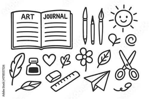Doodle Sketchbook Icons. Hand-drawn doodle illustration Art journal sketchbook [open sketchbook, pen, paintbrush, doodle flower, doodle star, heart, leaf, sun,
