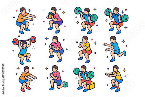 Squat Exercise Icons. Colorful isometric vector icons set of squat workout techniques: bodyweight squat, goblet squat, barbell back squat, barbell front squat,