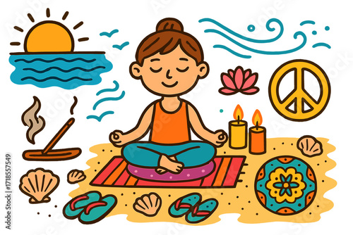 Beach Sunset Meditation. Colorful Hand-drawn doodle Children illustration [Peaceful beach sunset meditation] [sunset, yoga pose, cushion, lotus flower,