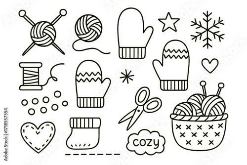 Knitted Mittens Doodle. Hand-drawn doodle illustration Knitted mittens [knitting needles, yarn ball, wool thread, mitten outline, zigzag pattern, star,