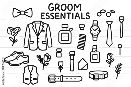 Groom Essentials Icons. Hand-drawn doodle illustration Groom Essentials bow tie, tuxedo, cufflinks, shoes, boutonniere, comb, wristwatch, tie, cologne bottle,