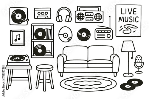 Retro Music Items. Hand-drawn doodle illustration Retro music corner [vinyl record player, cassette tape, boombox, radio, record discs, shelf, headphone,