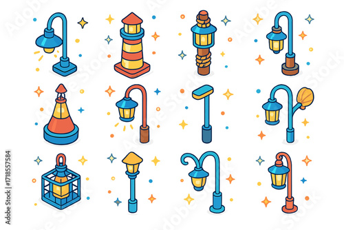 Coastal Lighting Icons. Colorful isometric vector icons set of coastal and marina lighting: dockside lamp, lighthouse-inspired post, rope-wrapped light pole,