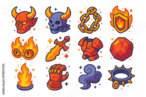Underworld Guardian Icons. Colorful isometric vector icons set of underworld guardians: horned demon, skeletal beast, lava chain, burning shield, blazing eyes,
