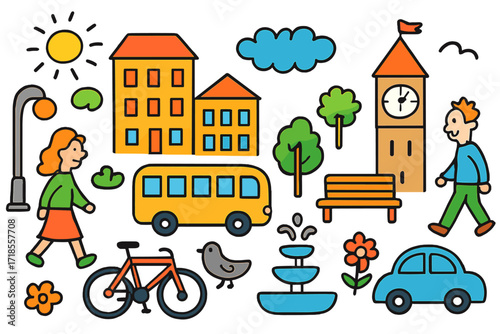 Vibrant City Doodle. City life. Colorful Hand-drawn doodle Children illustration building, bus, bicycle, people walking, streetlight, bench, fountain, tree,