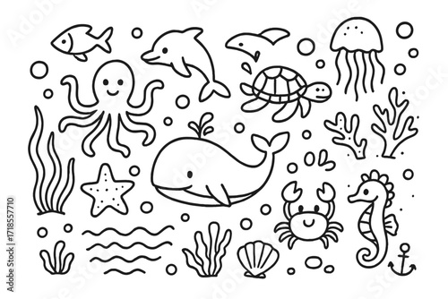 Ocean Life Doodle. Hand-drawn doodle illustration Ocean life [fish, dolphin, whale, turtle, crab, jellyfish, seaweed, coral, starfish, shell, seahorse, wave,