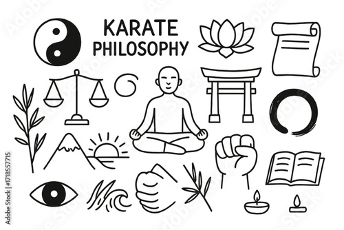 Karate Philosophy Icons. Hand-drawn doodle illustration Karate Philosophy [yin yang, lotus flower, scroll, meditating figure, dojo gate, balance scale,