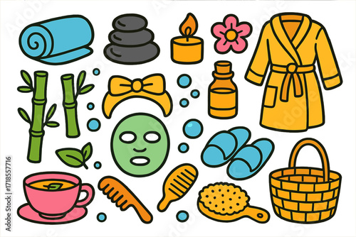 Children's Spa Essentials. Colorful Hand-drawn doodle Children illustration Spa towel, massage stones, candle, flower, essential oil, bathrobe, slippers,