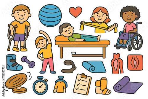 Rehabilitation Therapy Doodles. Colorful Hand-drawn doodle Children illustration Physical Rehabilitation Therapy crutch, exercise ball, resistance band,