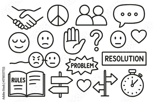 Conflict Resolution Icons. Hand-drawn doodle illustration Conflict Resolution handshake, peace symbol, two people icon, chat bubble, calm face, stop hand,