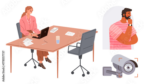 Woman working on a laptop at a table with office supplies, observed by a man and security camera. Ideal for themes thumbs up privacy, security, surveillance, productivity, workplace, monitoring