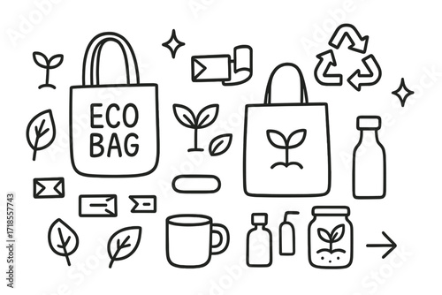 Eco Shopping Doodles. Hand-drawn doodle illustration Eco shopping bags [cloth bag, paper bag, sprout, leaf, recycling symbol, sparkle, star, tape, envelope,