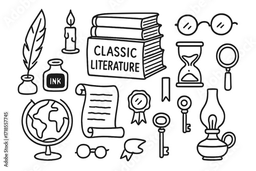 Literary Icon Doodles. Hand-drawn doodle illustration Classic literature, book stack, feather quill, ink bottle, candle, glasses, parchment, scroll, globe,