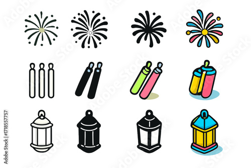 Festive Icon Collection. Icon Set of Night Festival Mood: Fireworks, Glow sticks, Lanterns. Icons set in vector style, emblematic variations. Fireworks line,