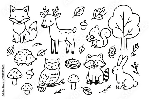 Autumn Forest Doodles. Hand-drawn doodle illustration [Forest Animals in Autumn] [fox, deer, hedgehog, owl, squirrel, raccoon, falling leaf, acorn, mushroom,