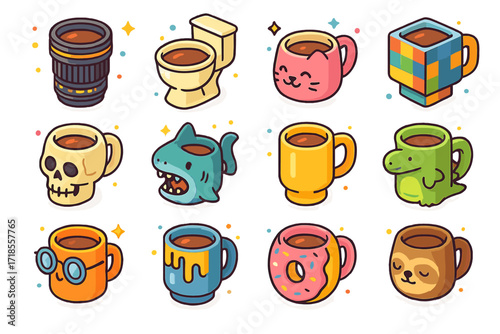 Novelty Mug Icons. Colorful isometric vector icons set of Funny novelty mugs: camera lens mug, toilet mug, cat-shaped mug, pixel mug, skull mug, shark mug,