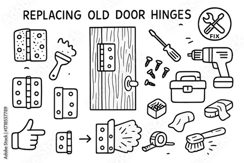 Hinge Replacement Tools. Hand-drawn doodle illustration Replacing old door hinges old hinge, new hinge, screws, screwdriver, drill, toolbox, rusty hinge,