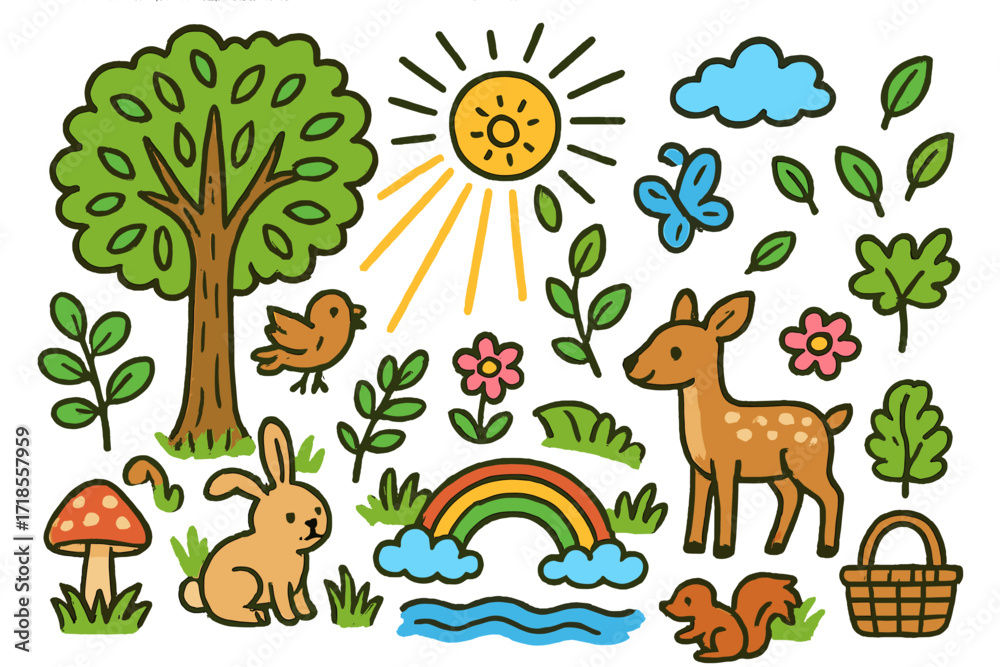 Fototapeta premium Playful Nature Doodles. Colorful Hand-drawn doodle Children illustration Sunshine filtering through trees [sun rays, tall tree, leaves, grass, butterfly, bird,