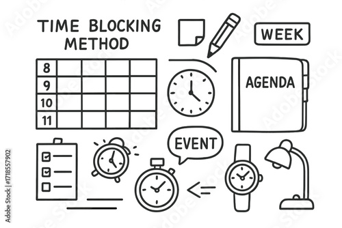Time Management Icons. Hand-drawn doodle illustration [Time blocking method] [calendar grid, hour markers, sticky note, pencil, time slots, meeting clock,