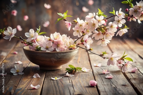Delicate Spring Blossoms in Rustic Bowl on Weathered Wooden Surface