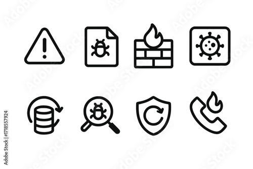 Cyber Defense Icons. Solid, filled icon set of cyber attack responses: alert notification, incident report, firewall block, quarantine, restore backup, system