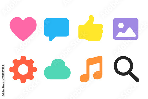 Colorful Icon Grid. Solid, filled icon set of vibes colors: neon pink, electric blue, sunshine yellow, pastel purple, coral, mint green, orange, black. Solid,