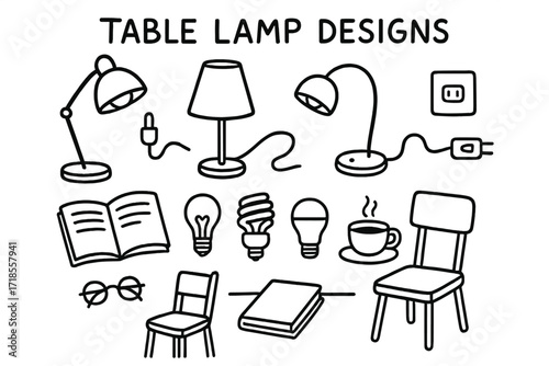 Table Lamp Doodles. Hand-drawn doodle illustration [Table lamp designs] [desk lamp, reading lamp, lampshade, cord plug, on/off switch, light bulb, spiral bulb,
