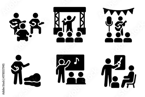 Improvisation Icon Set. Solid, filled icon set of improvisation performance settings: jam session, live concert, studio recording, music festival, street