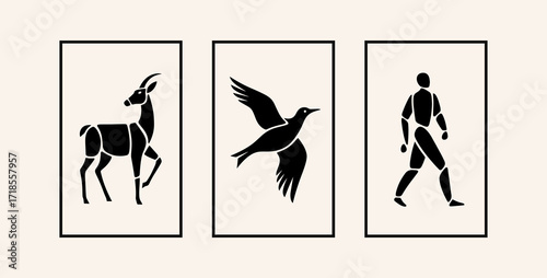 Decorative paintings of standing antelope, flying bird, and walking man