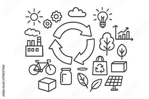 Circular Economy Icons. Hand-drawn doodle illustration Circular economy city [recycle arrows, gears, factory, house, bicycle, reusable bag, jar, box, light