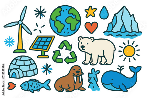 Arctic Clean Energy Doodle. Colorful Hand-drawn doodle Children illustration Arctic clean energy wind turbine, solar panel, igloo, iceberg, fish, polar bear,