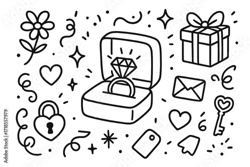 Jewelry Box Doodle. Hand-drawn doodle illustration Diamond ring box [ring, diamond, jewelry box, sparkle, star, ribbon, bow, flower, heart, swirl, confetti,