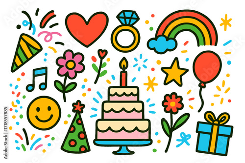 Wedding Celebration Doodles. Colorful Hand-drawn doodle Children illustration Wedding Party Fun [party popper, heart, ring, flower, balloon, cake, candle,