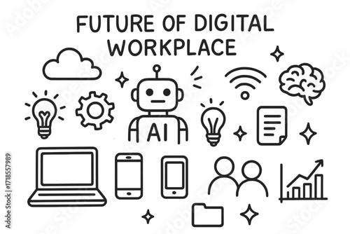 Digital Workplace Doodle. Hand-drawn doodle illustration Future of digital workplace [cloud, AI robot, gear, laptop, smartphone, tablet, wifi symbol, light
