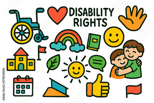 Inclusive Doodle Icons. Colorful Hand-drawn doodle Children illustration Disability rights wheelchair, heart, smiling face, hand, school icon, rainbow, book,