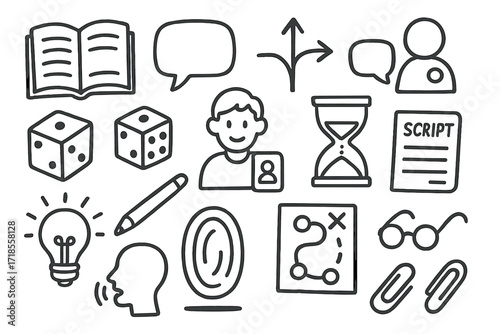 Interactive Storytelling Icons. Hand-drawn doodle illustration Interactive storytelling [book, speech bubble, branching path icon, dice, character card,