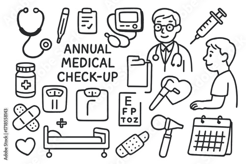 Annual Health Check Doodles. Hand-drawn doodle illustration annual medical check-up stethoscope, thermometer, blood pressure monitor, syringe, pill bottle,